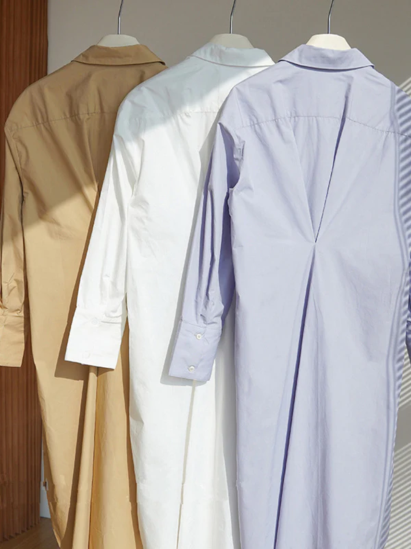 Long Sleeves Loose Asymmetric Solid Color Lapel Shirt Dress - Image 11