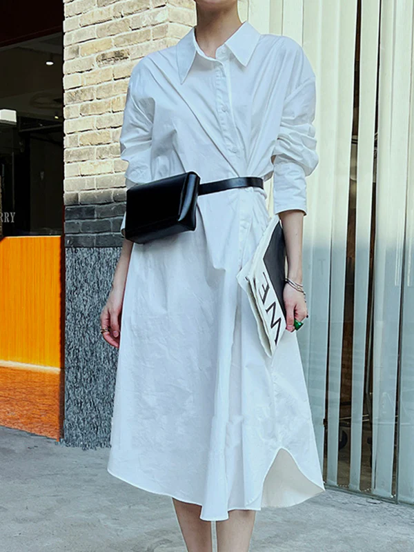 Long Sleeves Loose Asymmetric Solid Color Lapel Shirt Dress - Image 2