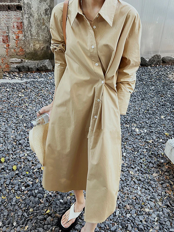 Long Sleeves Loose Asymmetric Solid Color Lapel Shirt Dress - Image 4