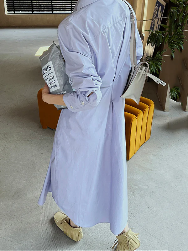 Long Sleeves Loose Asymmetric Solid Color Lapel Shirt Dress - Image 5