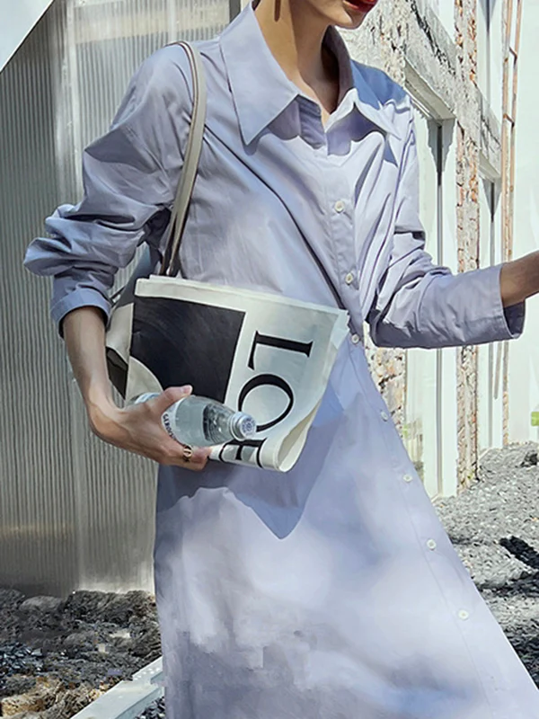 Long Sleeves Loose Asymmetric Solid Color Lapel Shirt Dress - Image 6