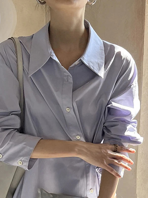 Long Sleeves Loose Asymmetric Solid Color Lapel Shirt Dress - Image 7
