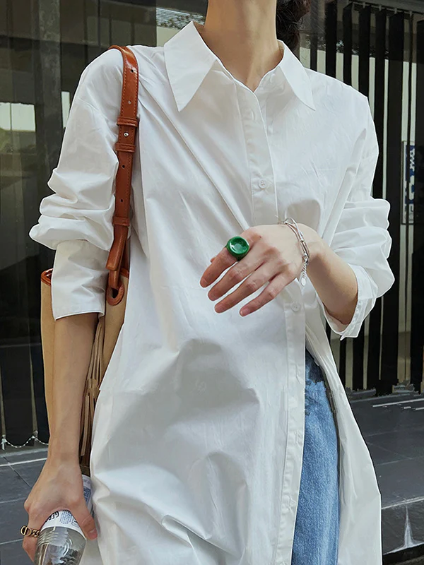 Long Sleeves Loose Asymmetric Solid Color Lapel Shirt Dress - Image 8