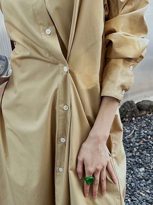 Long Sleeves Loose Asymmetric Solid Color Lapel Shirt Dress - Image 9