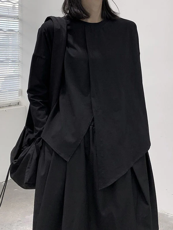 Long Sleeves Loose Asymmetric Solid Color Split-Front Split-Joint Round-Neck T-Shirts - Image 3