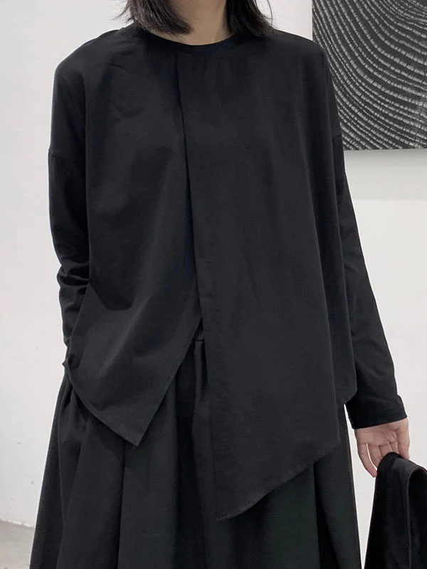 Long Sleeves Loose Asymmetric Solid Color Split-Front Split-Joint Round-Neck T-Shirts - Image 4