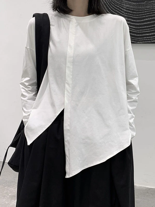 Long Sleeves Loose Asymmetric Solid Color Split-Front Split-Joint Round-Neck T-Shirts - Image 5