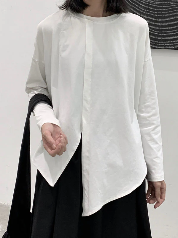 Long Sleeves Loose Asymmetric Solid Color Split-Front Split-Joint Round-Neck T-Shirts - Image 6