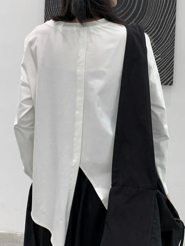 Long Sleeves Loose Asymmetric Solid Color Split-Front Split-Joint Round-Neck T-Shirts - Image 7