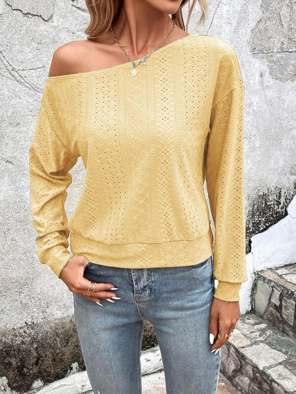 Long Sleeves Loose Asymmetric Solid Color Split-Joint One-Shoulder T-Shirts Tops - Image 2