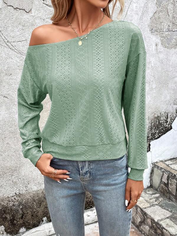 Long Sleeves Loose Asymmetric Solid Color Split-Joint One-Shoulder T-Shirts Tops - Image 4
