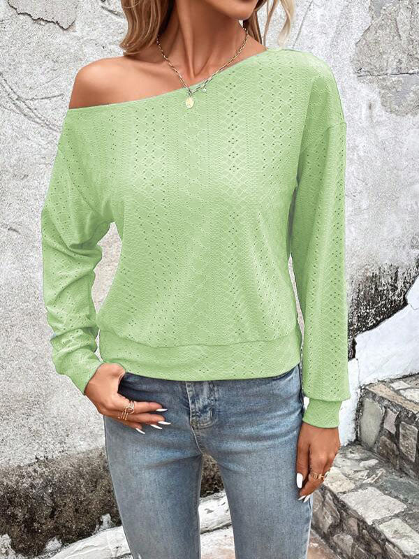 Long Sleeves Loose Asymmetric Solid Color Split-Joint One-Shoulder T-Shirts Tops - Image 5