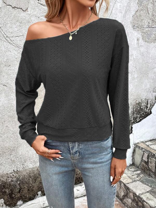 Long Sleeves Loose Asymmetric Solid Color Split-Joint One-Shoulder T-Shirts Tops - Image 6