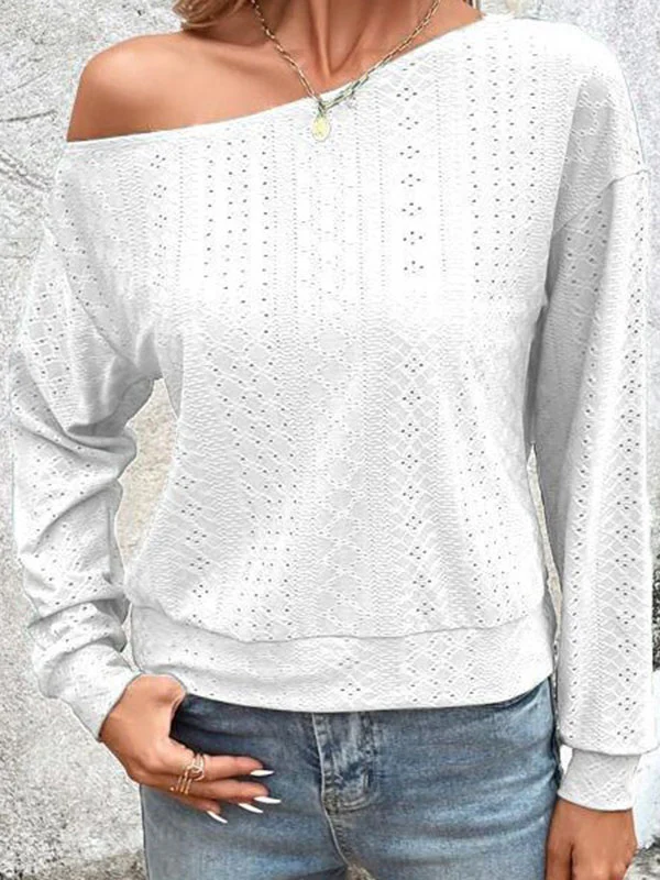 Long Sleeves Loose Asymmetric Solid Color Split-Joint One-Shoulder T-Shirts Tops - Image 9