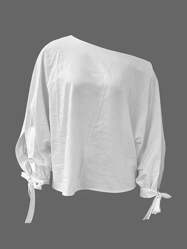 Long Sleeves Loose Asymmetric Solid Color Tied One-Shoulder Blouses&Shirts Tops - Image 4