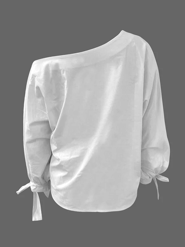 Long Sleeves Loose Asymmetric Solid Color Tied One-Shoulder Blouses&Shirts Tops - Image 5