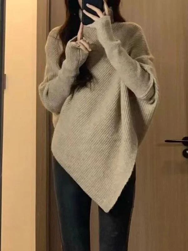 Long Sleeves Loose Asymmetric Solid Color Velvet High Neck Knitwear Pullovers Sweater Tops - Image 10