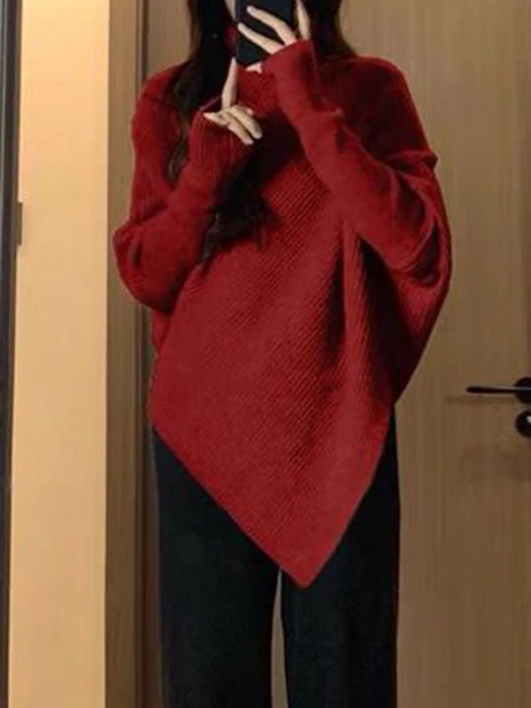 Long Sleeves Loose Asymmetric Solid Color Velvet High Neck Knitwear Pullovers Sweater Tops - Image 11