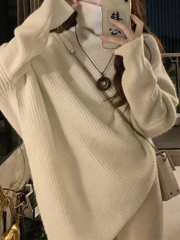 Long Sleeves Loose Asymmetric Solid Color Velvet High Neck Knitwear Pullovers Sweater Tops - Image 12