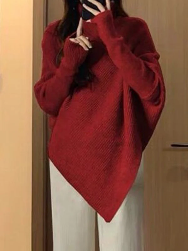 Long Sleeves Loose Asymmetric Solid Color Velvet High Neck Knitwear Pullovers Sweater Tops - Image 2