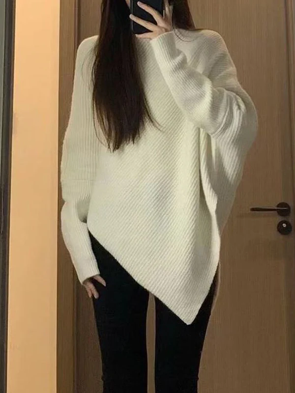 Long Sleeves Loose Asymmetric Solid Color Velvet High Neck Knitwear Pullovers Sweater Tops - Image 3