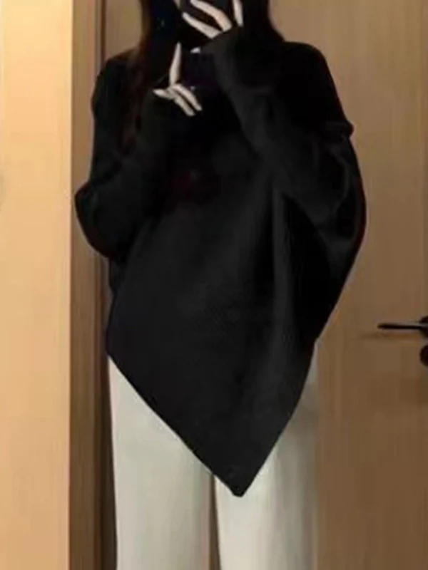 Long Sleeves Loose Asymmetric Solid Color Velvet High Neck Knitwear Pullovers Sweater Tops - Image 4