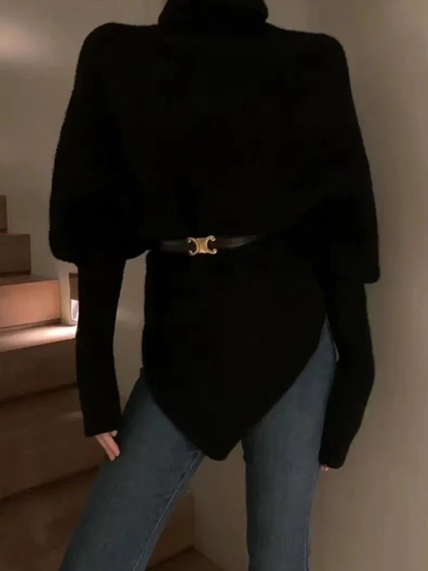 Long Sleeves Loose Asymmetric Solid Color Velvet High Neck Knitwear Pullovers Sweater Tops - Image 5