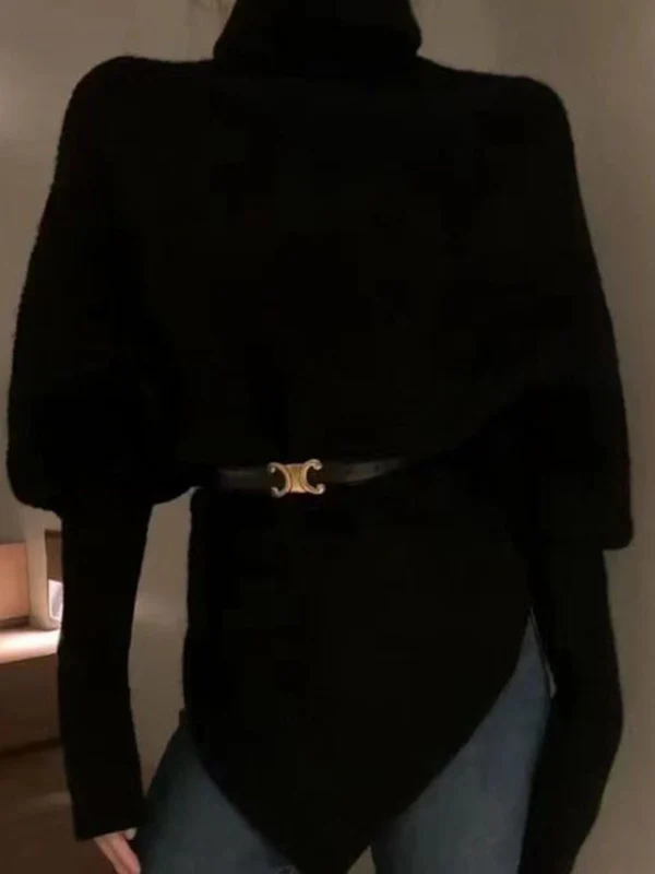 Long Sleeves Loose Asymmetric Solid Color Velvet High Neck Knitwear Pullovers Sweater Tops - Image 6