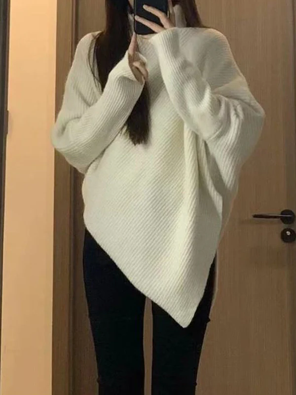 Long Sleeves Loose Asymmetric Solid Color Velvet High Neck Knitwear Pullovers Sweater Tops - Image 7