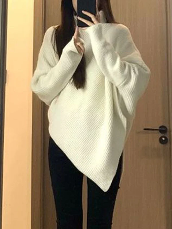Long Sleeves Loose Asymmetric Solid Color Velvet High Neck Knitwear Pullovers Sweater Tops - Image 8