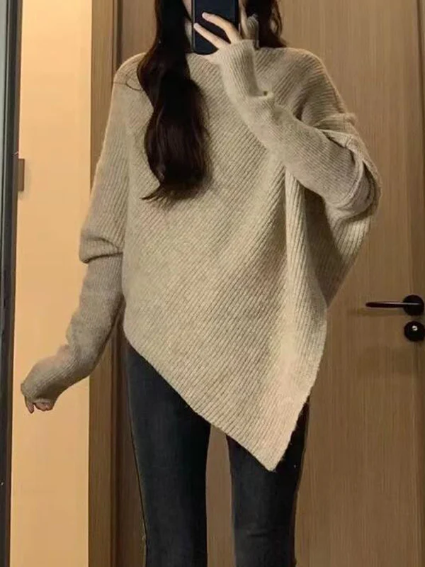 Long Sleeves Loose Asymmetric Solid Color Velvet High Neck Knitwear Pullovers Sweater Tops - Image 9