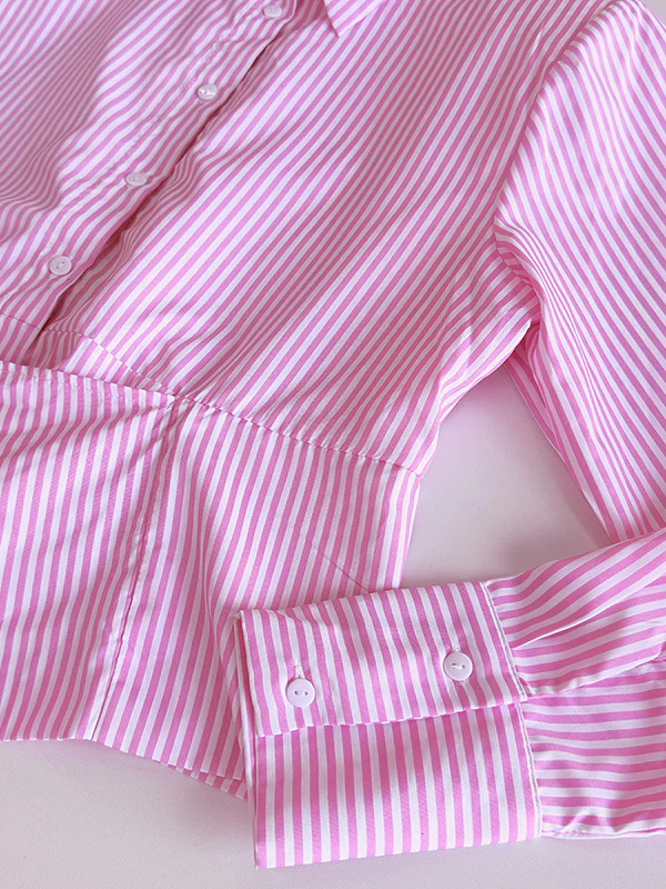 Long Sleeves Loose Asymmetric Split-Joint Striped Lapel Blouses - Image 10