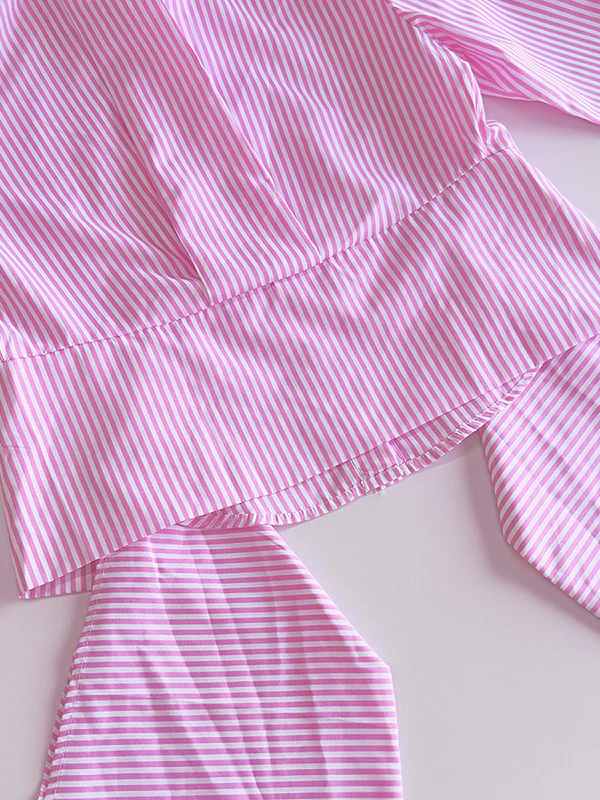 Long Sleeves Loose Asymmetric Split-Joint Striped Lapel Blouses - Image 12
