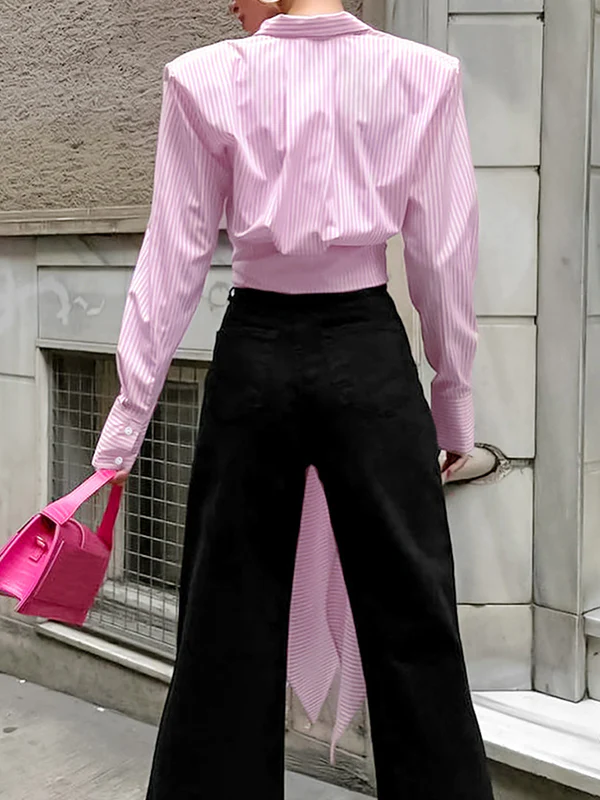 Long Sleeves Loose Asymmetric Split-Joint Striped Lapel Blouses - Image 4