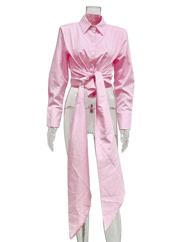 Long Sleeves Loose Asymmetric Split-Joint Striped Lapel Blouses - Image 6