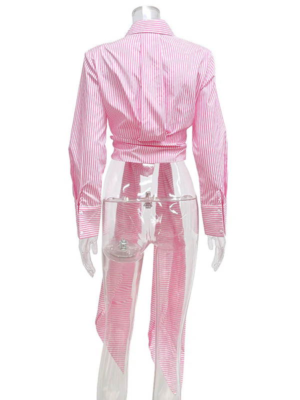Long Sleeves Loose Asymmetric Split-Joint Striped Lapel Blouses - Image 7