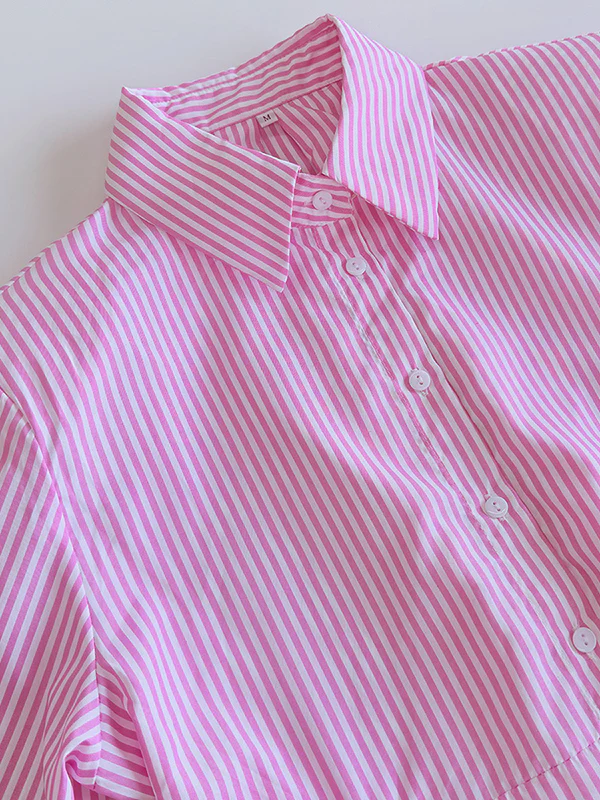 Long Sleeves Loose Asymmetric Split-Joint Striped Lapel Blouses - Image 8