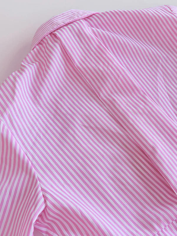 Long Sleeves Loose Asymmetric Split-Joint Striped Lapel Blouses - Image 9