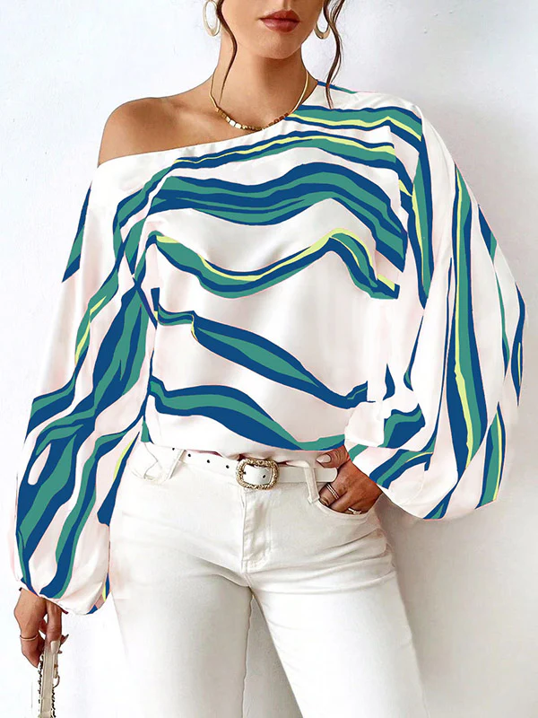Long Sleeves Loose Asymmetric Striped One-Shoulder Blouses&Shirts Tops - Image 2