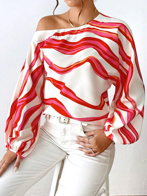 Long Sleeves Loose Asymmetric Striped One-Shoulder Blouses&Shirts Tops - Image 3