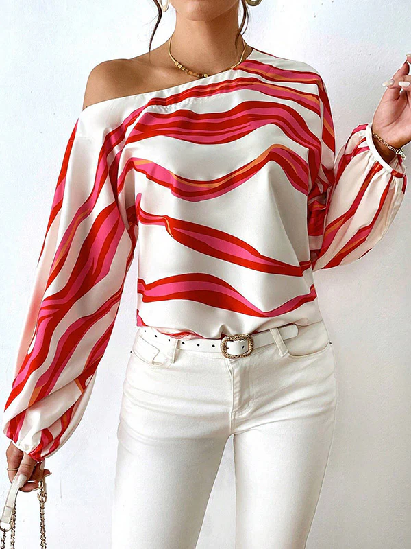 Long Sleeves Loose Asymmetric Striped One-Shoulder Blouses&Shirts Tops - Image 4