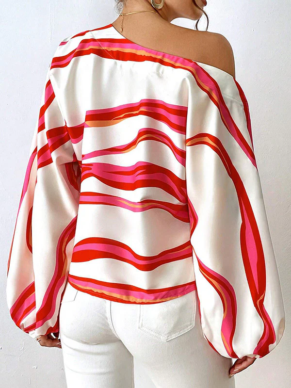 Long Sleeves Loose Asymmetric Striped One-Shoulder Blouses&Shirts Tops - Image 5
