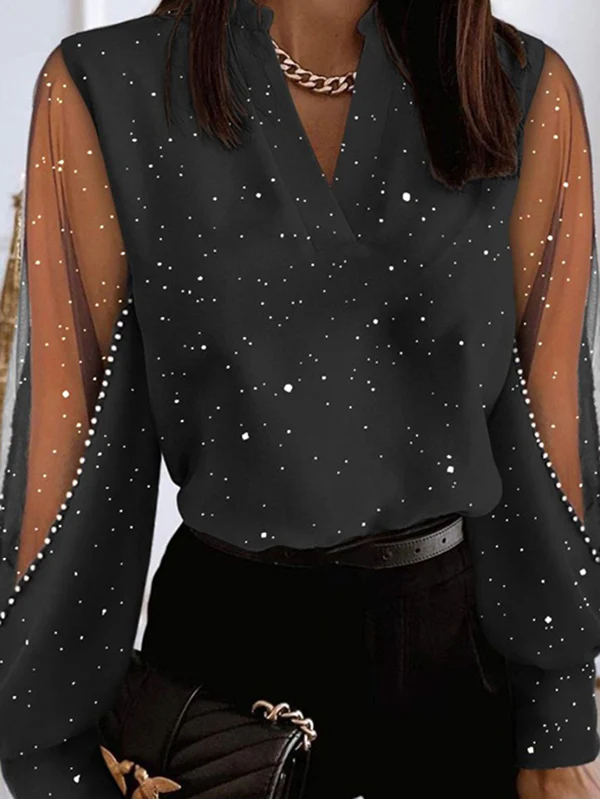 Long Sleeves Loose Beaded Mesh Split-Joint V-Neck Blouses&Shirts Tops - Image 2