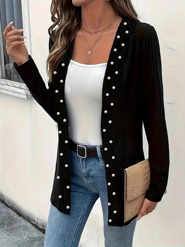 Long Sleeves Loose Beaded Solid Color Collarless Cardigan Tops - Image 2