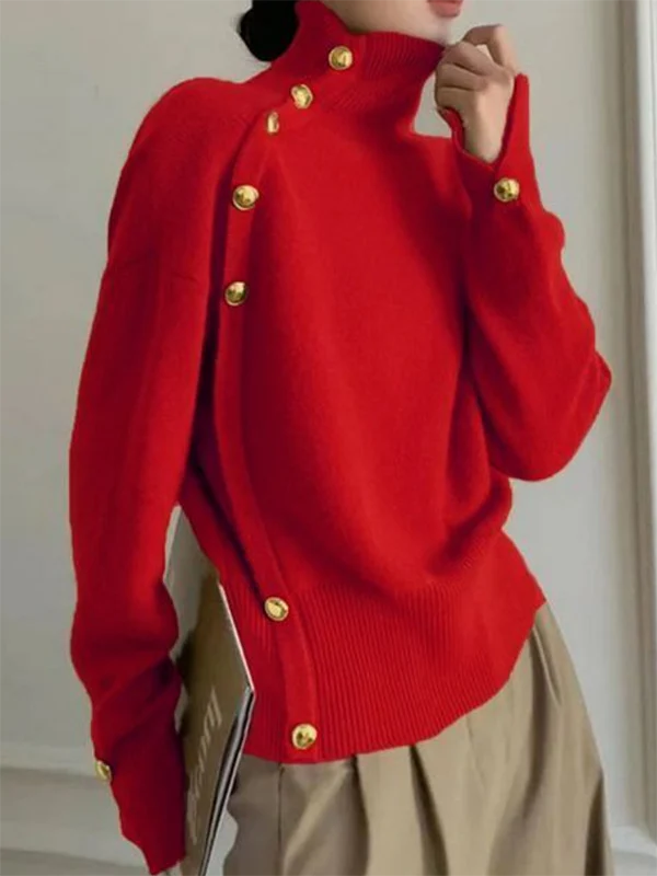 Long Sleeves Loose Beaded Solid Color Split-Side High Neck Sweater Tops