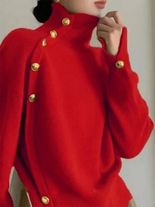 Long Sleeves Loose Beaded Solid Color Split-Side High Neck Sweater Tops - Image 2