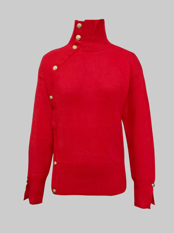 Long Sleeves Loose Beaded Solid Color Split-Side High Neck Sweater Tops - Image 4