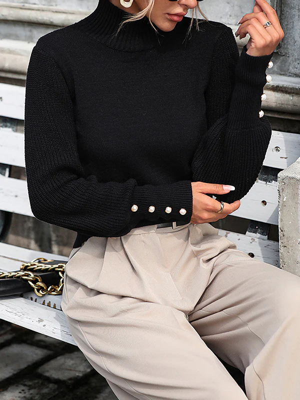 Long Sleeves Loose Beaded Split-Joint High-Neck Knitwear Pullovers Sweater Tops - Image 13
