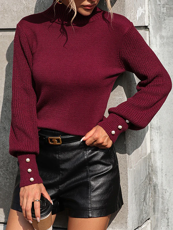 Long Sleeves Loose Beaded Split-Joint High-Neck Knitwear Pullovers Sweater Tops - Image 17