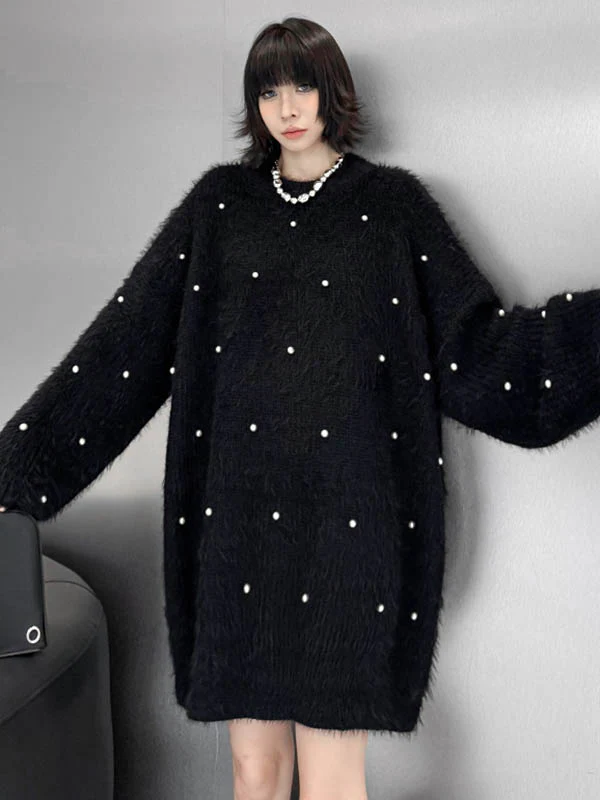 Long Sleeves Loose Beads Contrast Color Shiny Split-Joint Round-Neck Mini Dresses Sweater Dresses - Image 10